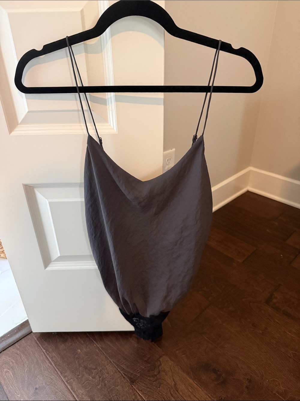 Free People Charcoal Gray Satin Cowl Neck Bodysuit